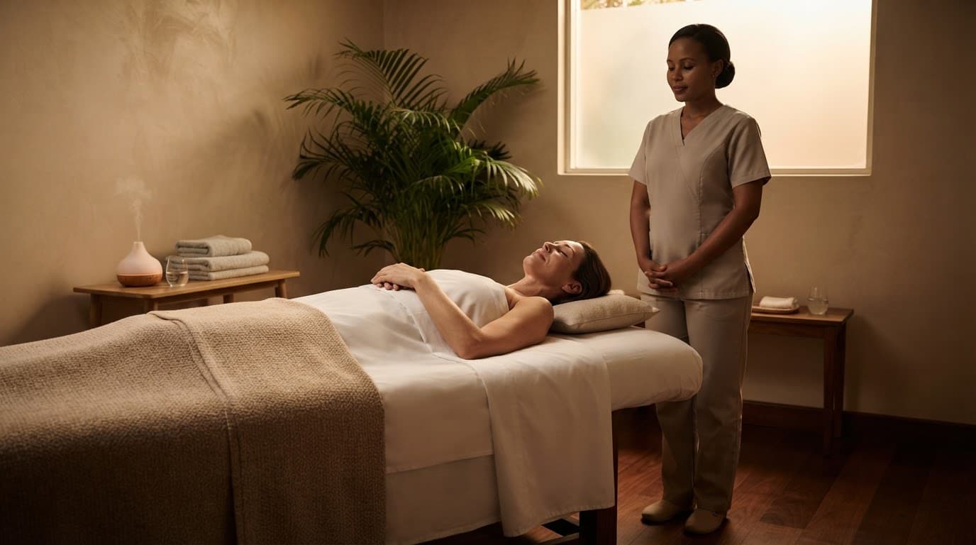 A client rests after a massage while a therapist stands nearby in a warmly lit spa room.