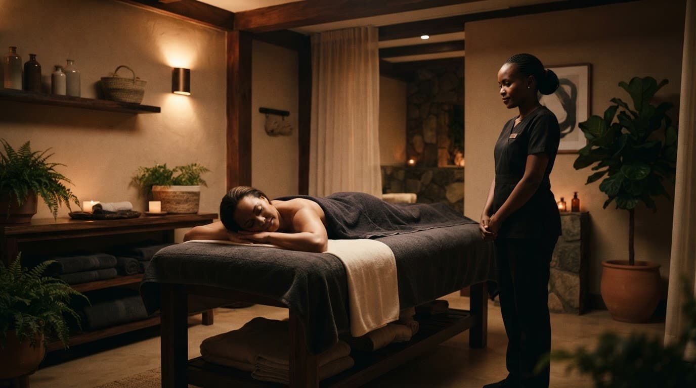 A client relaxes on a massage table as a therapist stands in a warm spa room.