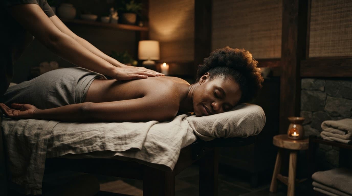 A client relaxes on a massage table in a warmly lit Nairobi spa room.