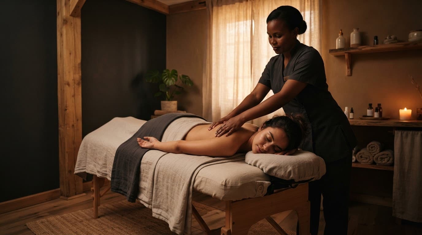 A therapist gives a shoulder massage to a client in a calm Nairobi spa room.