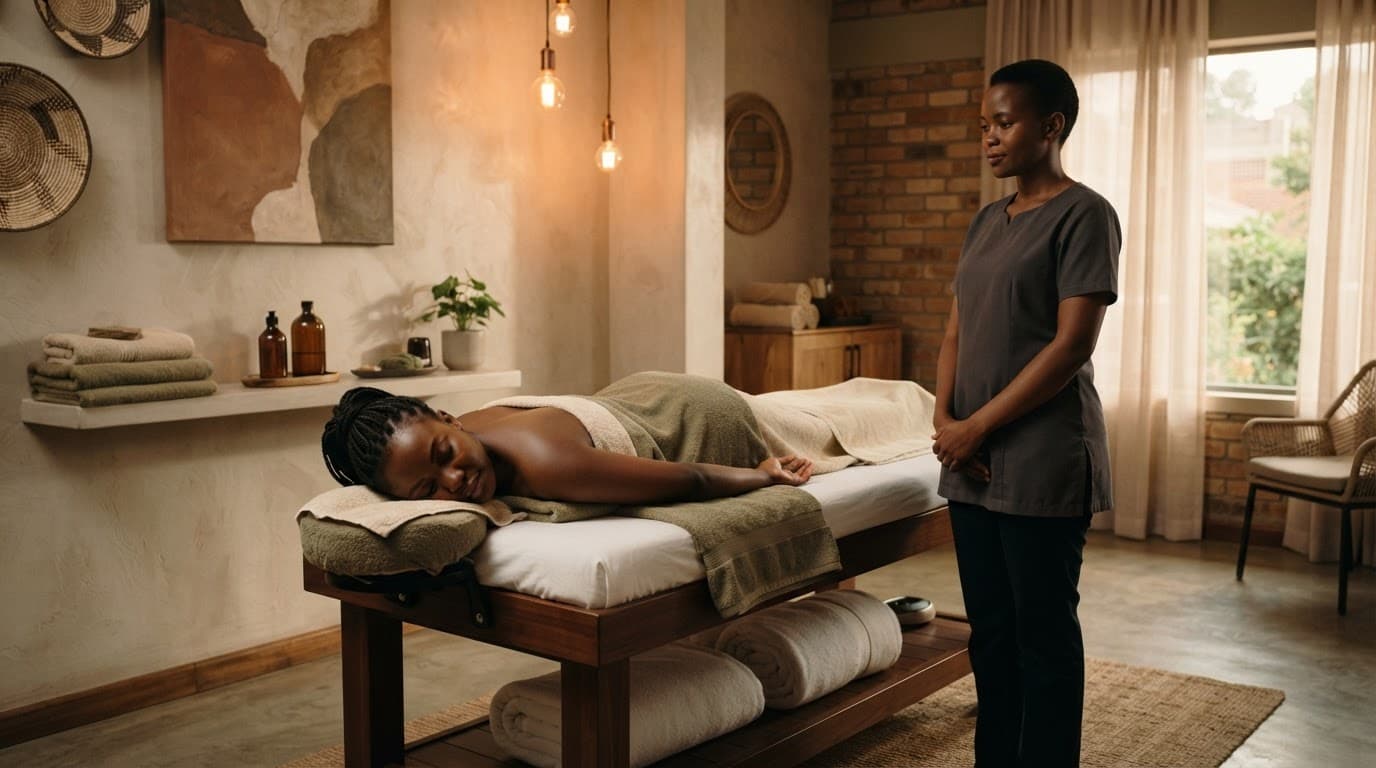 A client rests on a massage table as a therapist stands in a warmly lit Nairobi spa room.