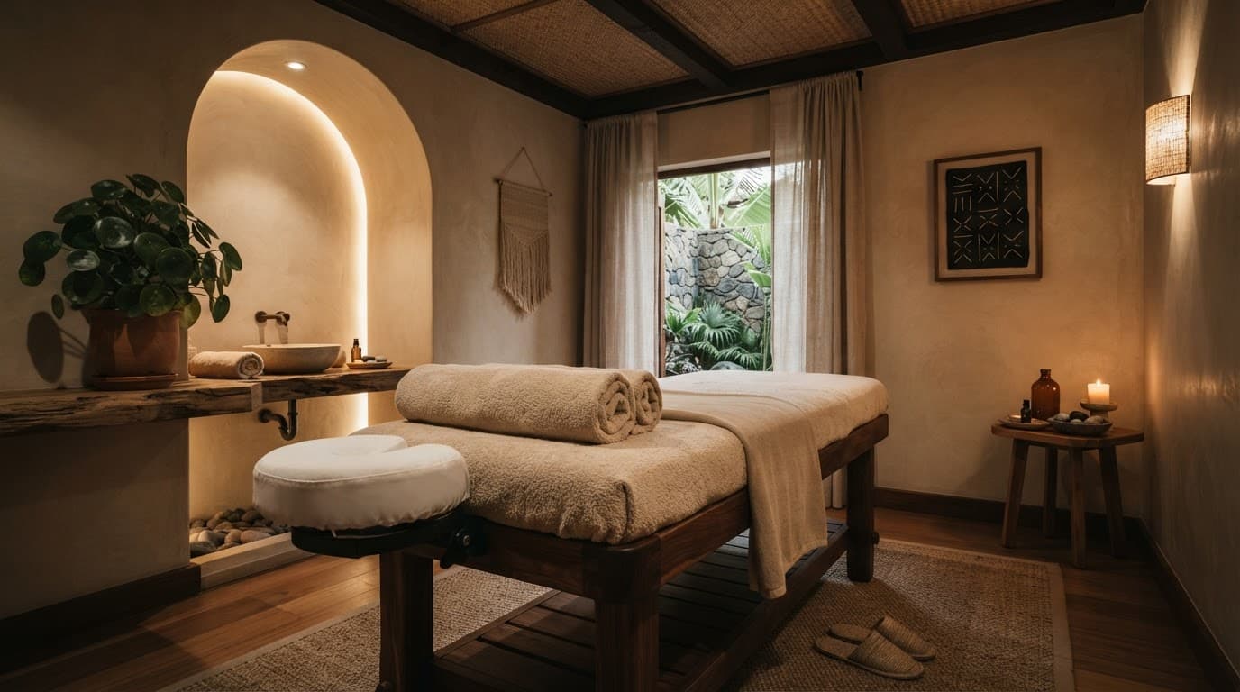 A calm massage room with a treatment table, towels, greenery, and warm lighting.