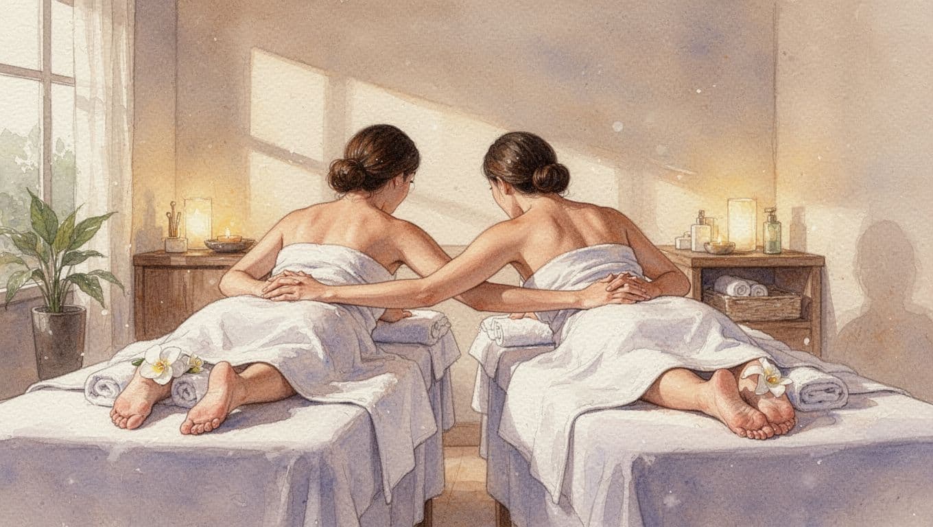Two massage tables in a serene room with soft warm lighting, watercolor style with brush textures.