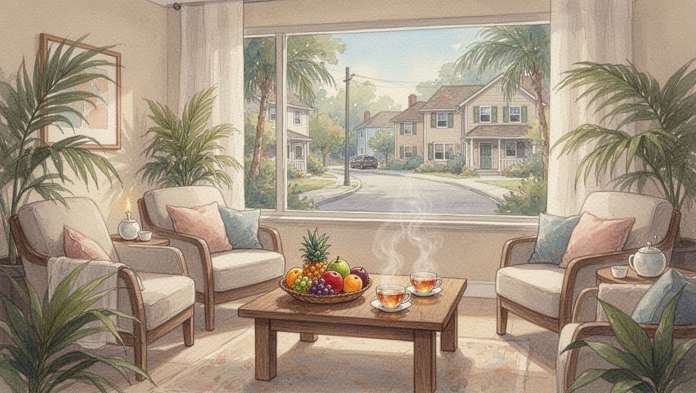 Empty spa lounge with comfortable seating, tropical decor, fruits and teas on table, and street view window in watercolor style.