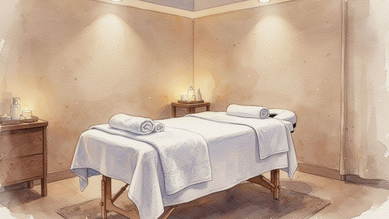 A watercolor-style massage room features a neatly prepared table with white towels in warm, soft lighting.