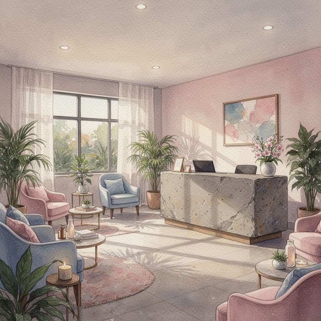 A tranquil watercolor rendering of a welcoming spa lobby featuring soft lighting and natural decor.