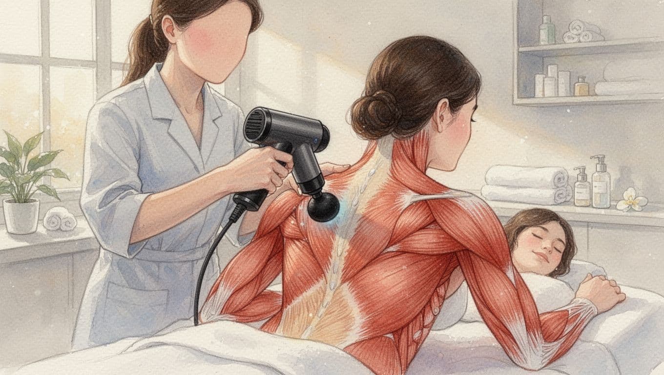 Therapist applies handheld massage gun to client's upper back in spa clinic, watercolor style with soft brush texture.