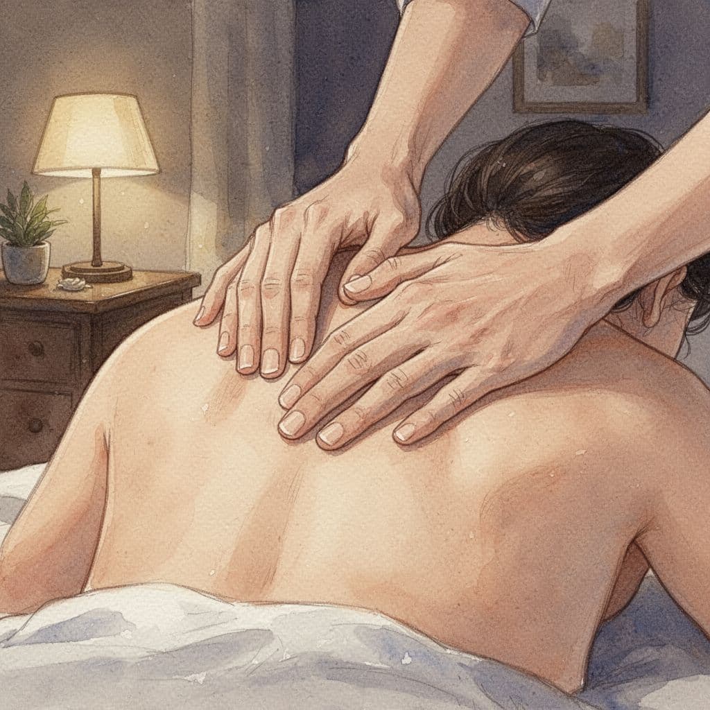 A close-up view of hands performing therapeutic back massage in a soft watercolor art style.
