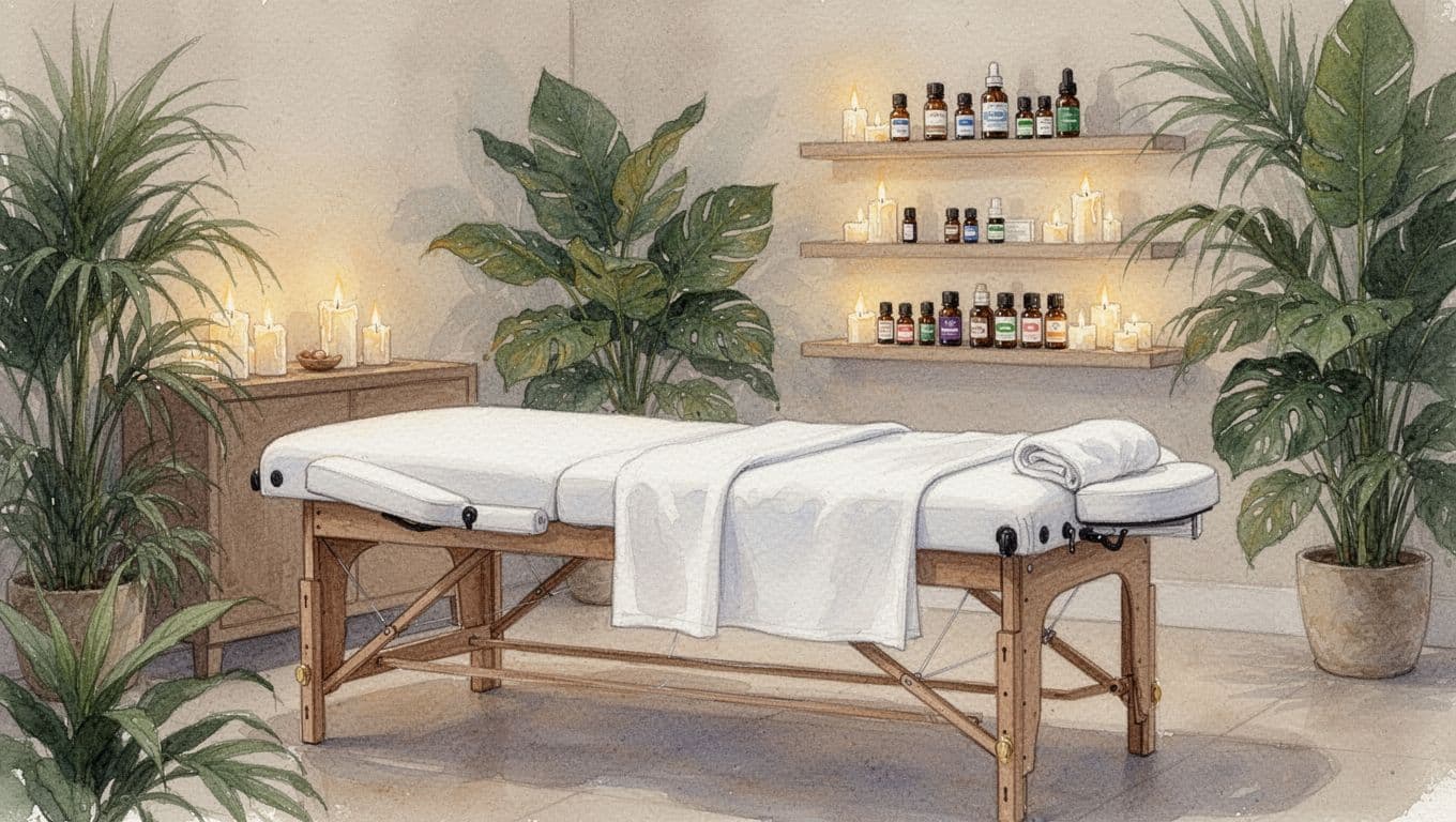 Watercolor depiction of empty massage room with wooden table, fresh linens, oil bottles, lit candles, tropical plants, and soft light.