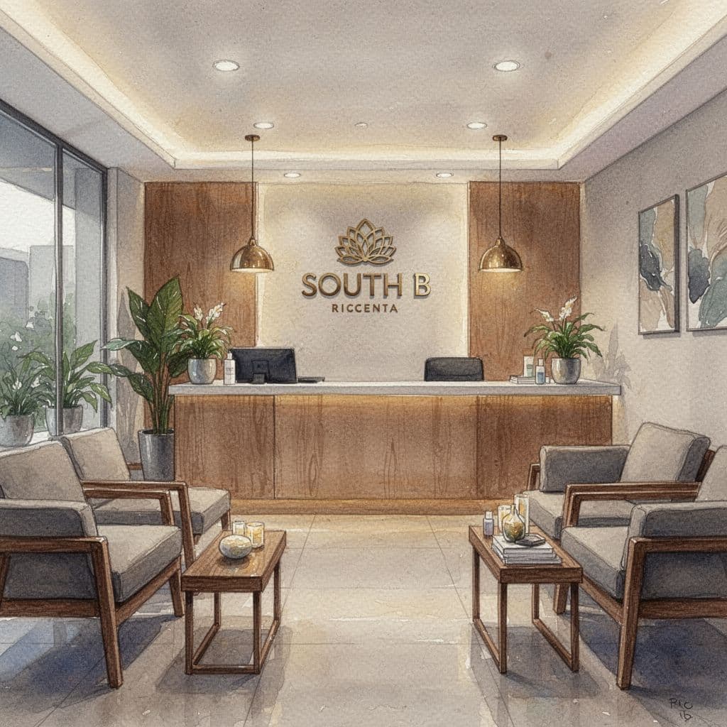 A tranquil spa reception area features clean wooden furniture under soft, warm lighting in a watercolor style.