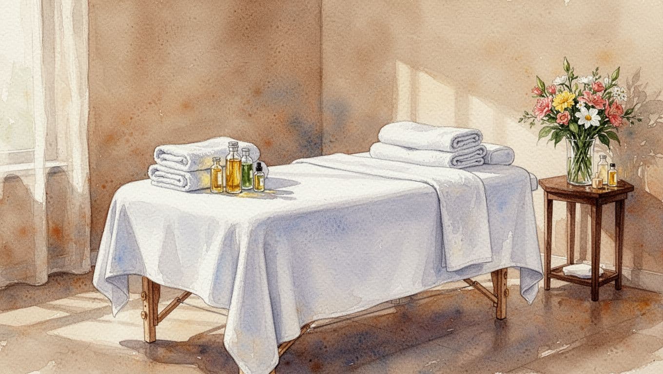 Empty watercolor spa room with white-sheeted massage table, towels, essential oils, and flowers.