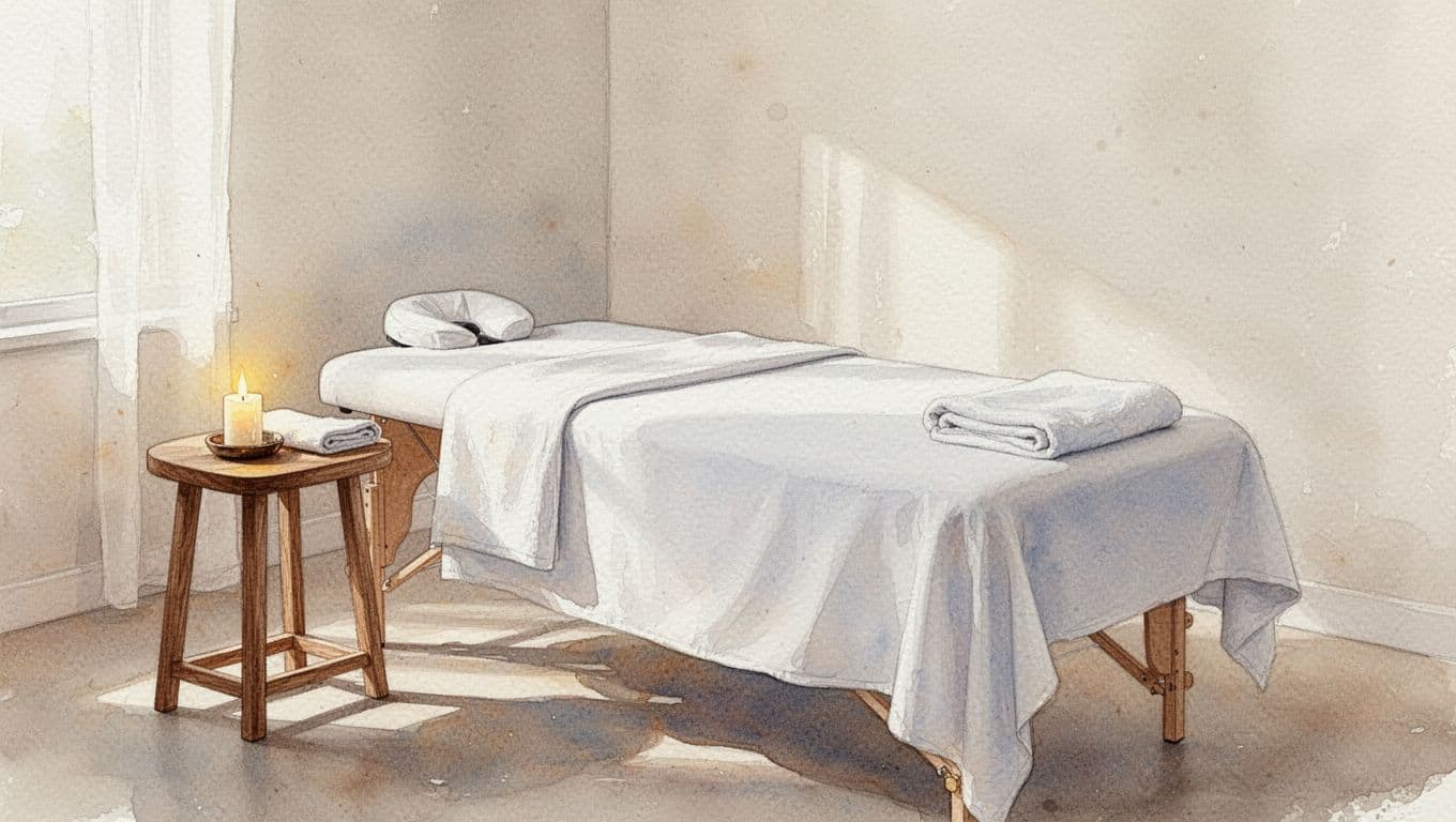 Minimalist massage room with white linen table and wooden side table holding candle and towel.