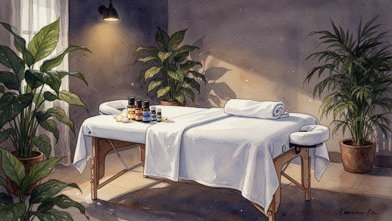 Watercolor interior of cozy massage spa room with linen-covered table, essential oils, plants, and dim lights.