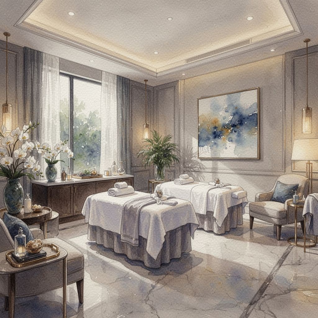 A watercolor painting of a tranquil massage room featuring soft lighting and minimalist decor.