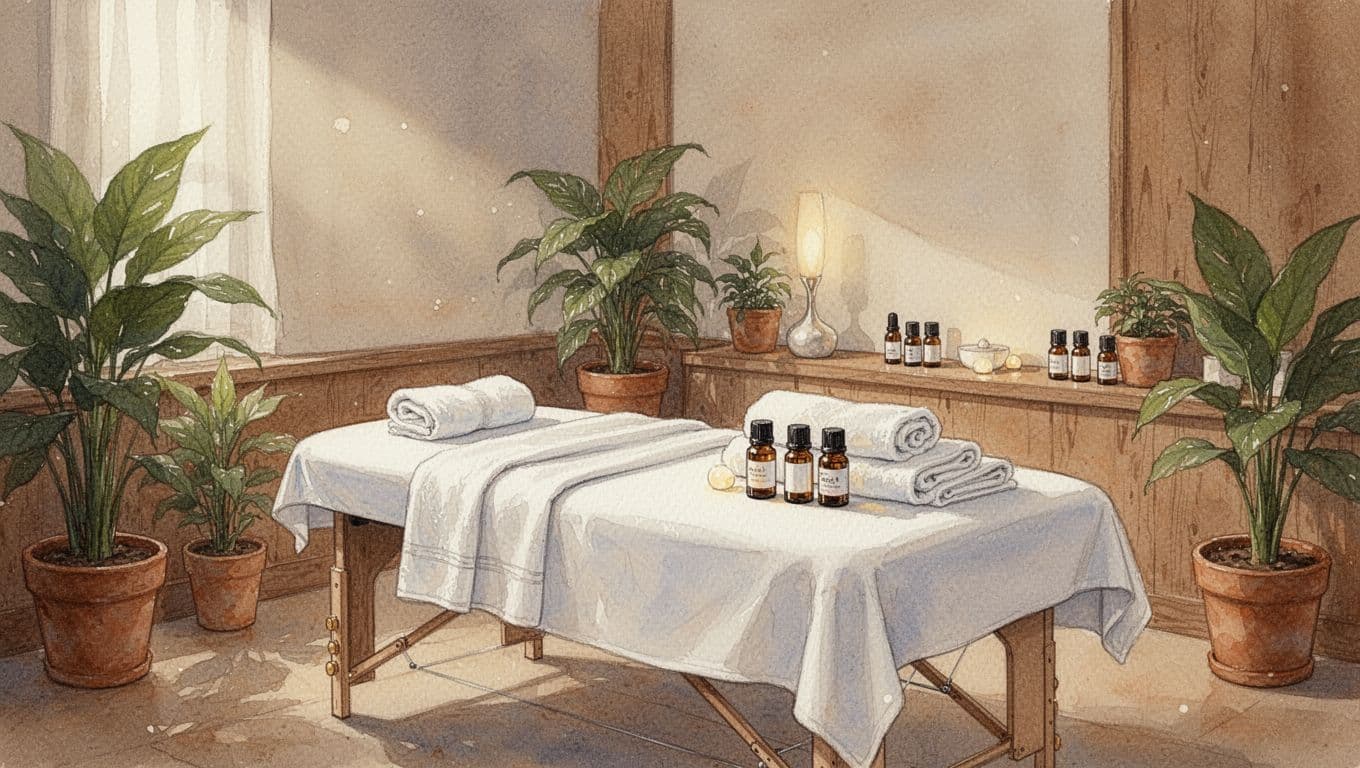 Empty watercolor spa interior with massage table, fresh towels, oil bottles, potted plants, and wooden elements in warm earth tones.
