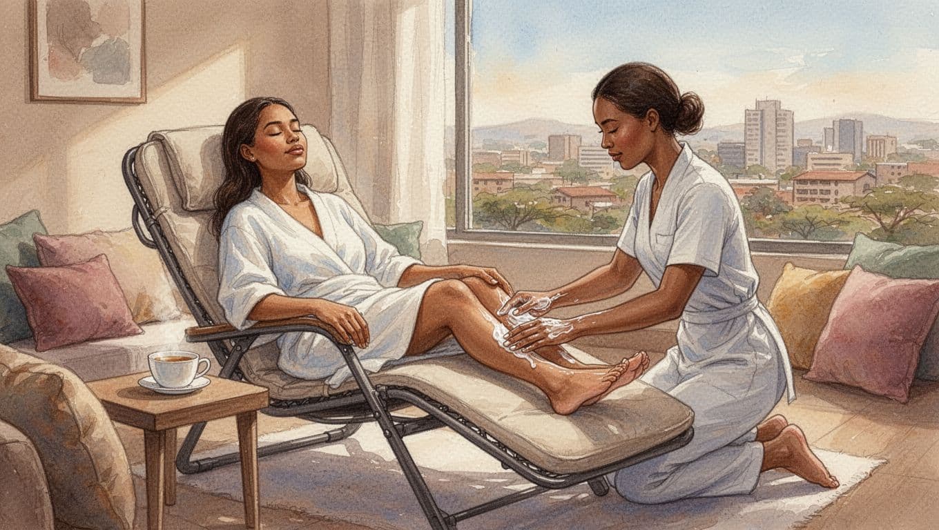 Therapist kneels massaging lotion on relaxed woman's foot in cozy Nairobi spa lounge with city view.