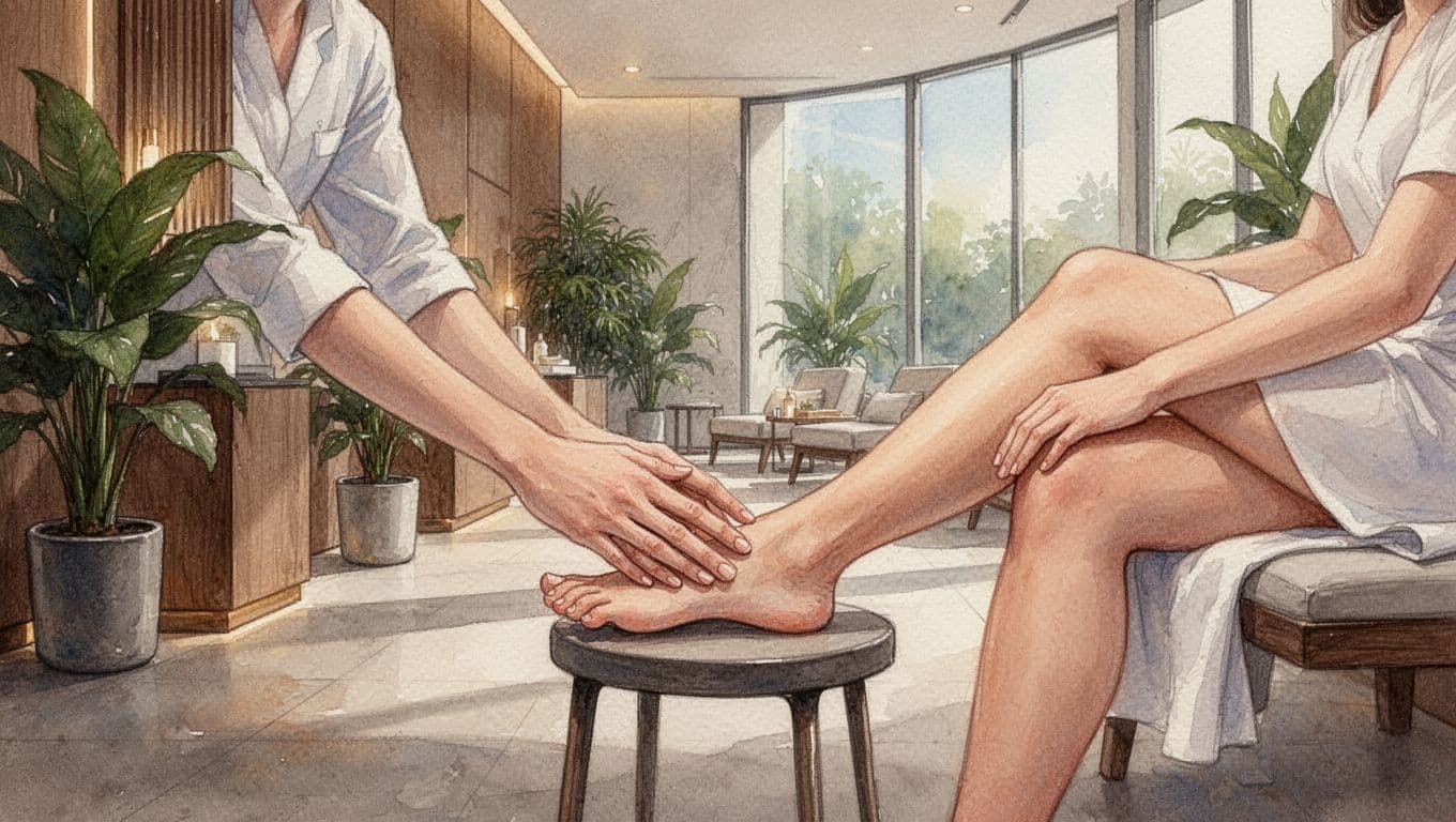 Therapist massages seated client's foot in modern spa lounge with wooden accents, plants, and daylight windows.