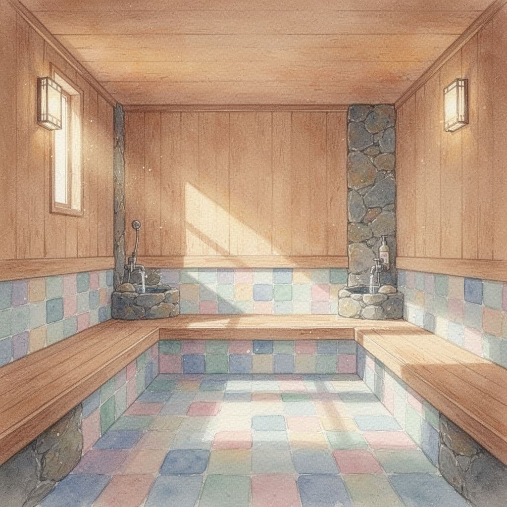 Spa interior with warm wooden accents and soft lighting in watercolor style.