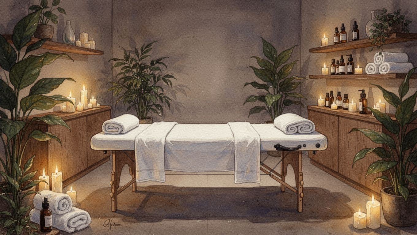 Empty massage table centered in watercolor-style spa room with towels, candles, essential oils on wooden shelves, plants, and dim lighting.