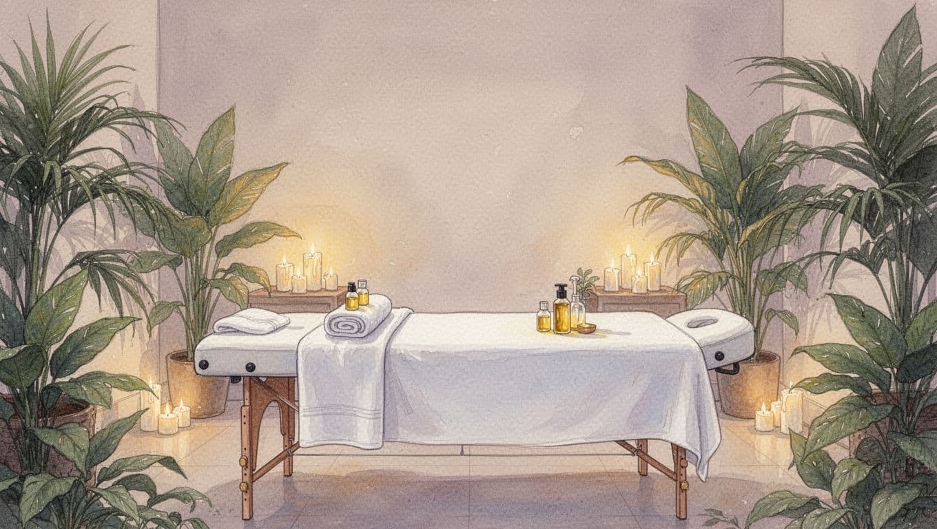 Empty spa interior in Nairobi with prepared massage table, towels, oils, candlelight, and tropical plants in watercolor style.