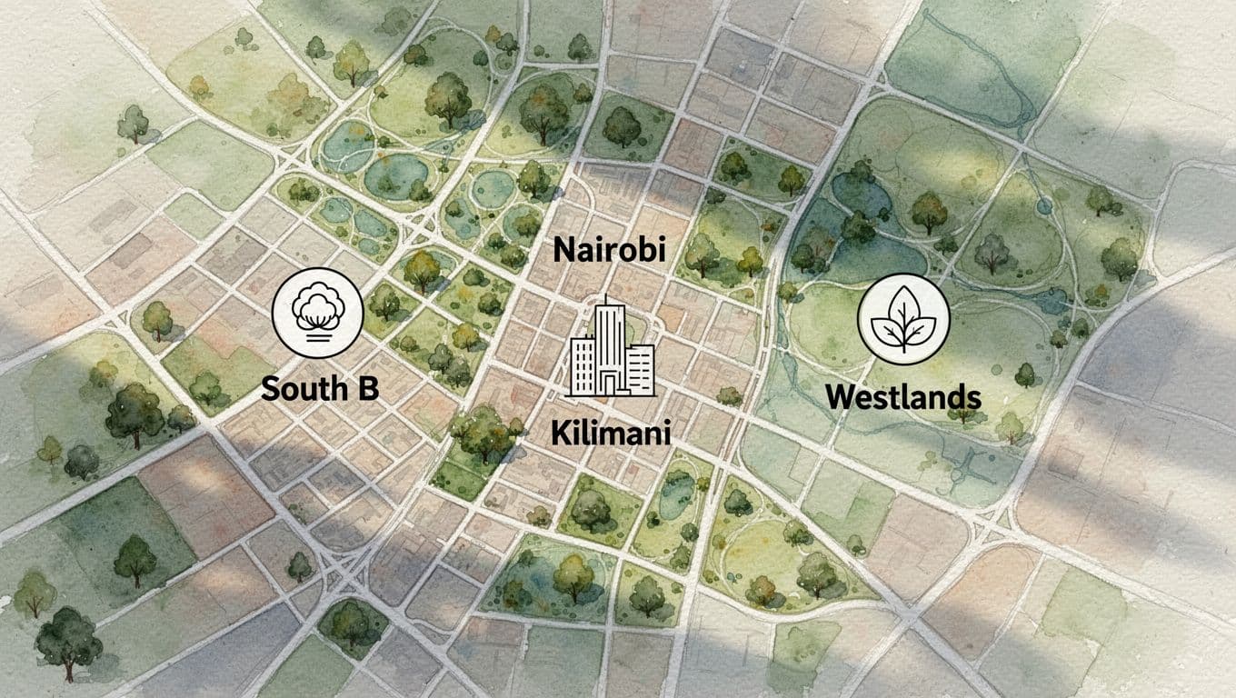 Watercolor map of Nairobi highlighting South B, Kilimani, and Westlands with spa icons, roads, and green areas.