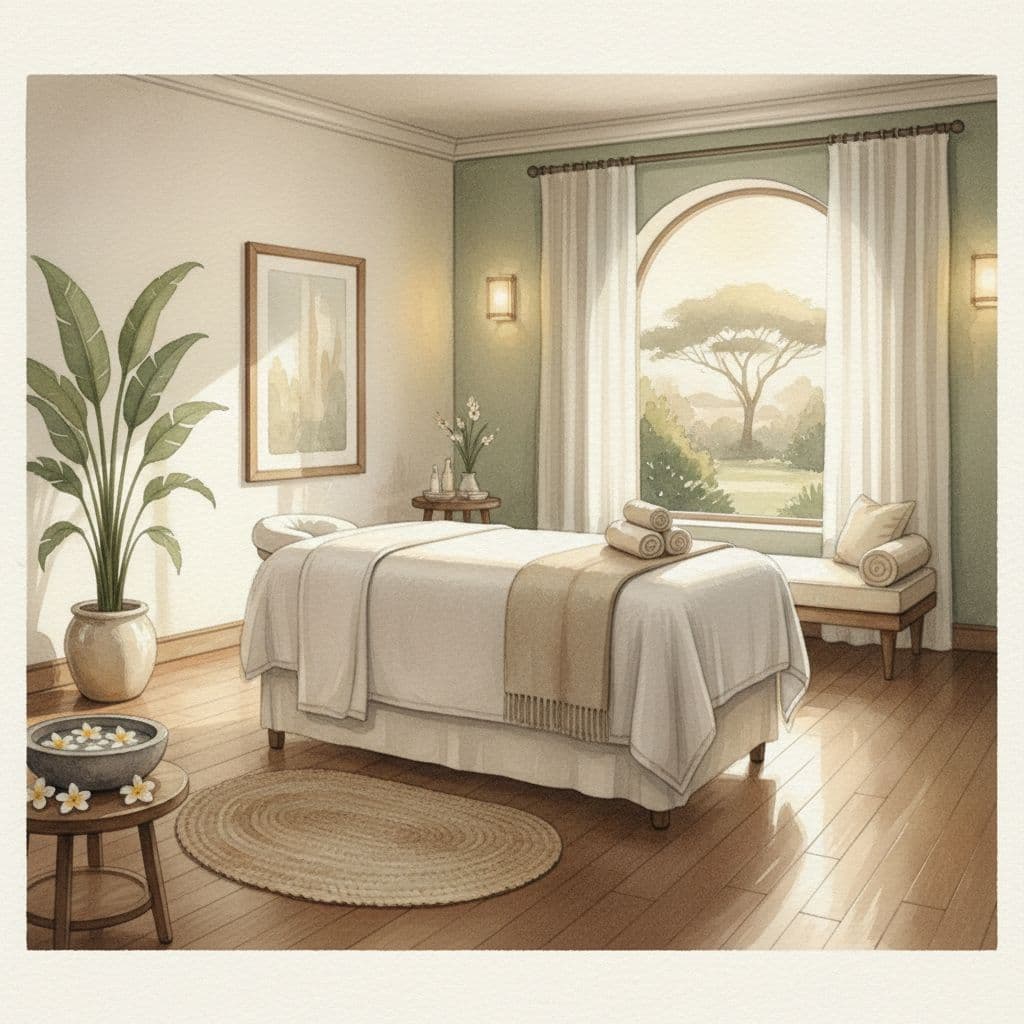Clean spa room with massage table, soft lighting, and minimal decor in watercolor style.