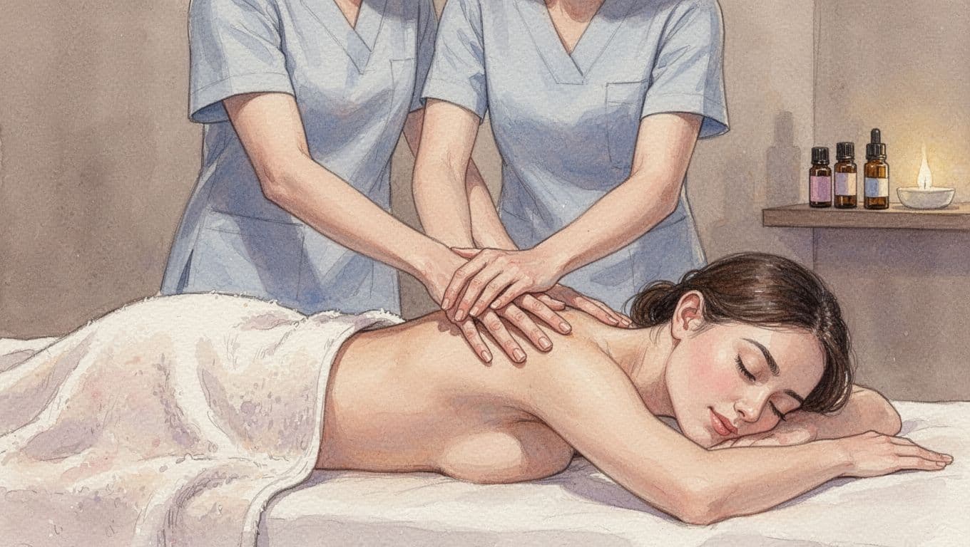 Therapist's hands on towel-covered client's upper back during Swedish massage in dim Nairobi spa, oil bottles nearby, watercolor style.