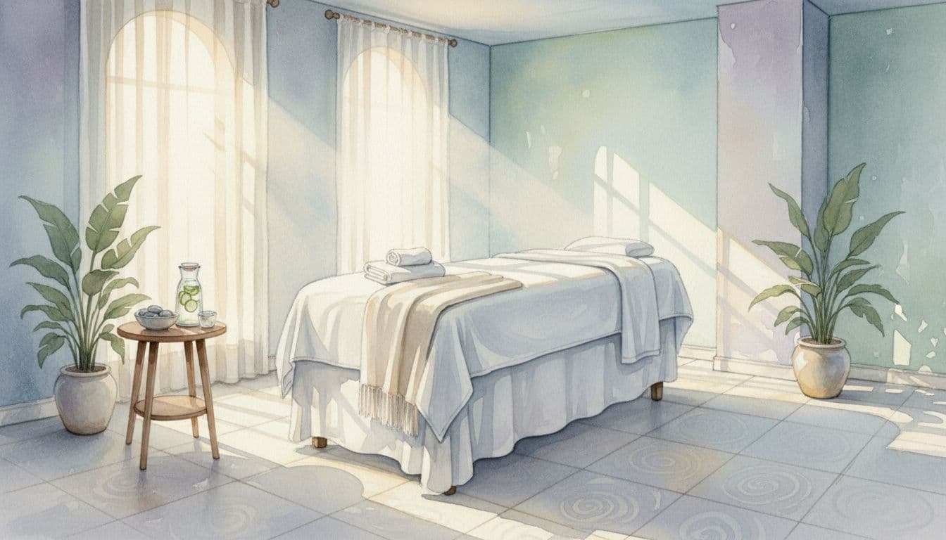 A tranquil spa room features a central massage table draped in soft white linens under gentle natural light.