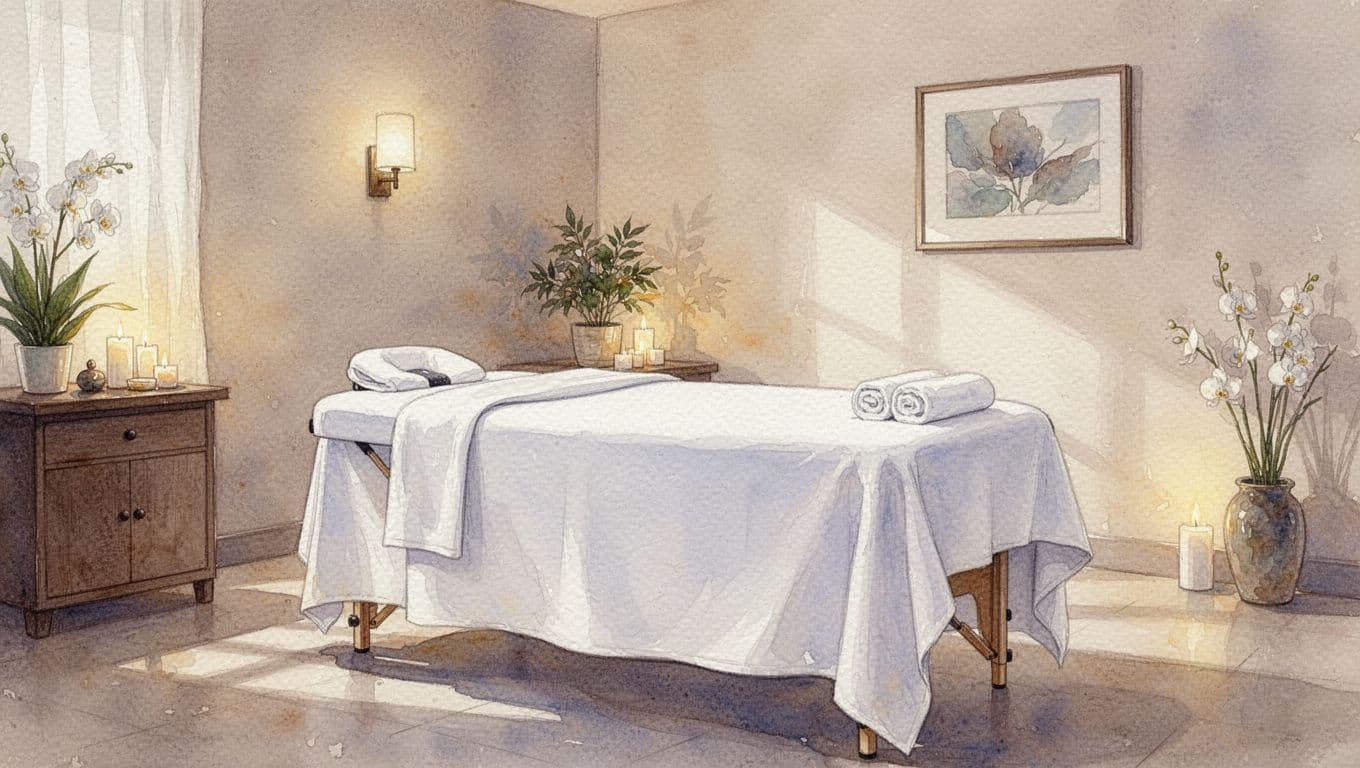A tranquil spa treatment room featuring a massage table with white linens in a soft watercolor style.