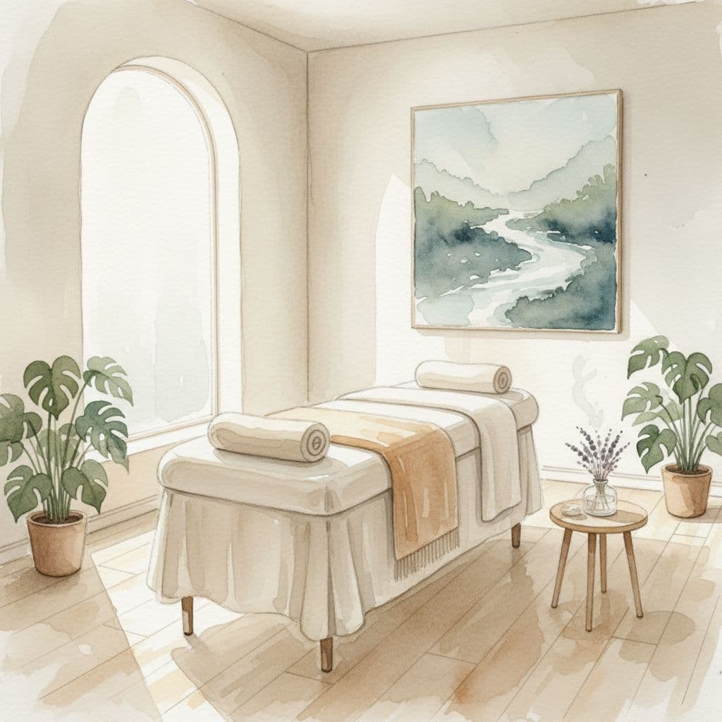 A minimalist massage room featuring a prepared treatment table bathed in soft natural light.