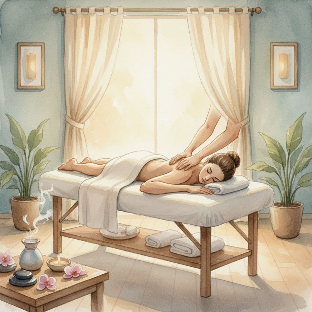 Person lying on massage table in calming spa room with warm lighting, watercolor style.