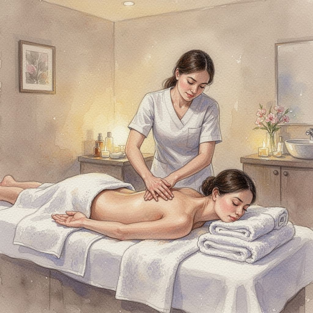 A massage therapist performs a relaxing treatment inside a softly lit, serene spa environment.