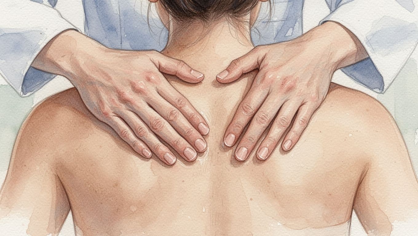 A close-up watercolor illustration showing hands performing therapeutic massage on a person's back.
