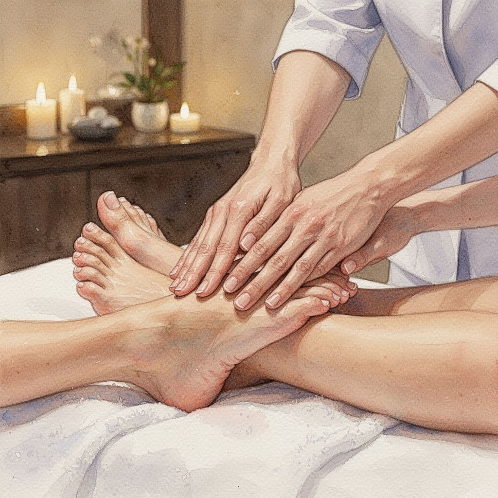 A therapist performs a gentle foot massage in a peaceful, warm-lit spa environment.
