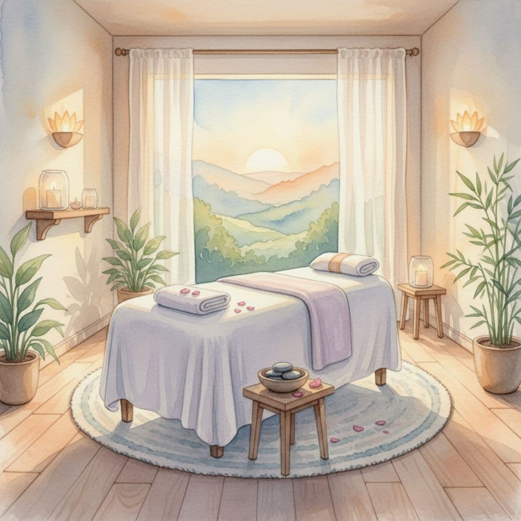 Watercolor spa room with massage table, soft towels, and warm lighting.