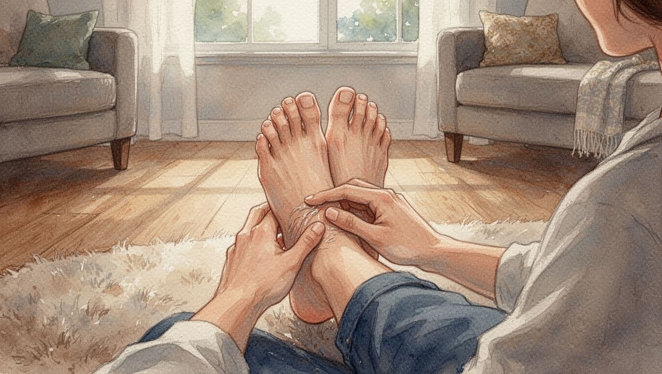 Hands massage foot on soft rug in cozy living room with natural light, watercolor style.