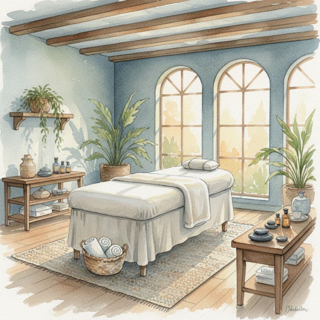 Softly lit massage room with comfortable table and wooden decor in watercolor style.
