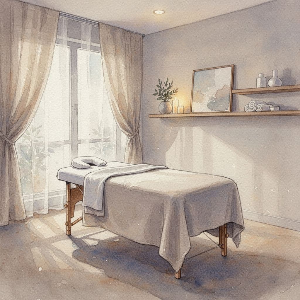 A watercolor painting depicts a tranquil massage room with a table, soft lighting, and calm decor.