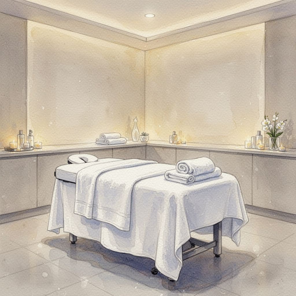 A watercolor-style painting of a calm massage room with a clean table and soft lighting.