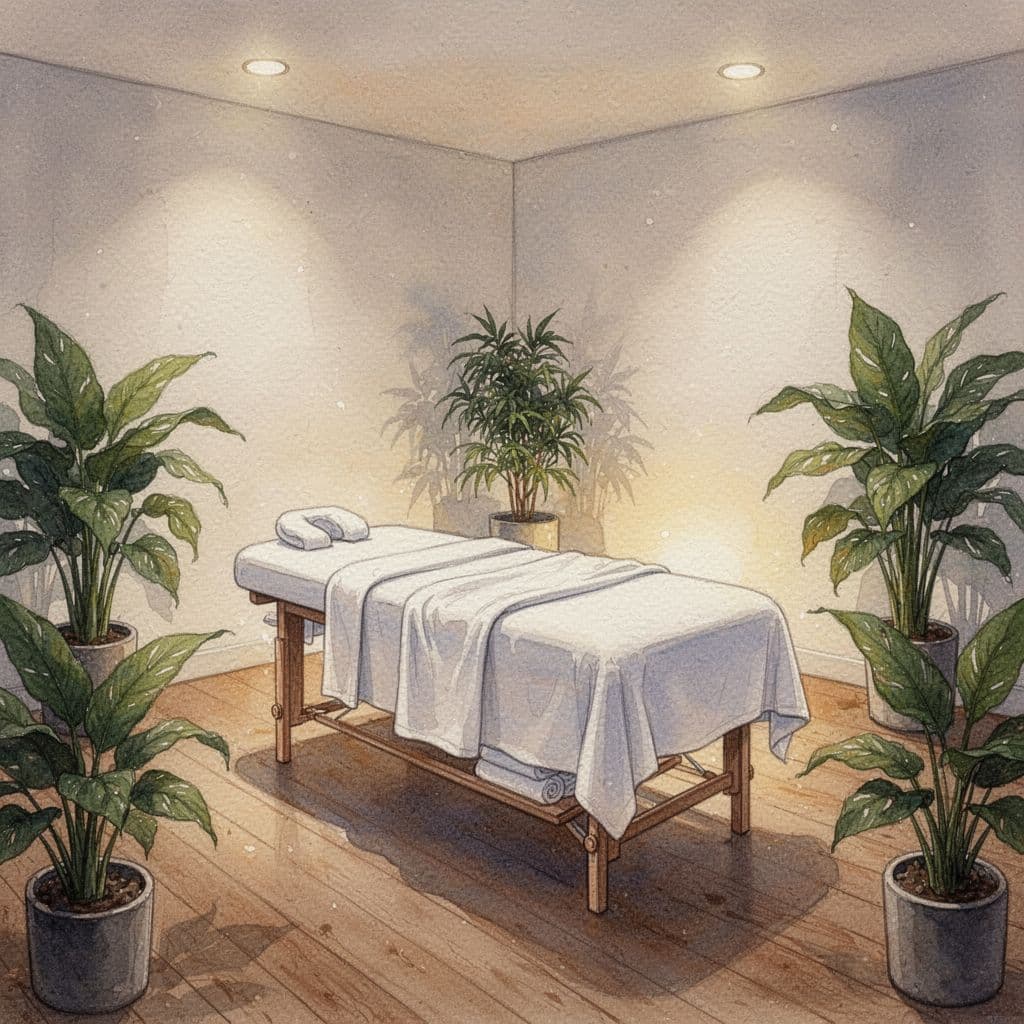 A tranquil massage room featuring warm lighting, wooden textures, and lush indoor plants in watercolor style.