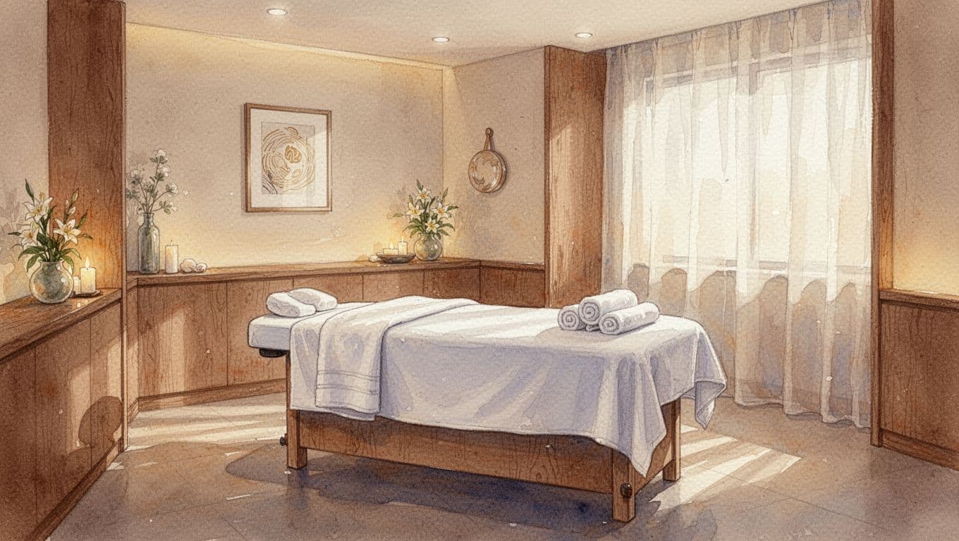 A tranquil massage therapy room featuring a clean massage table and soft ambient lighting.