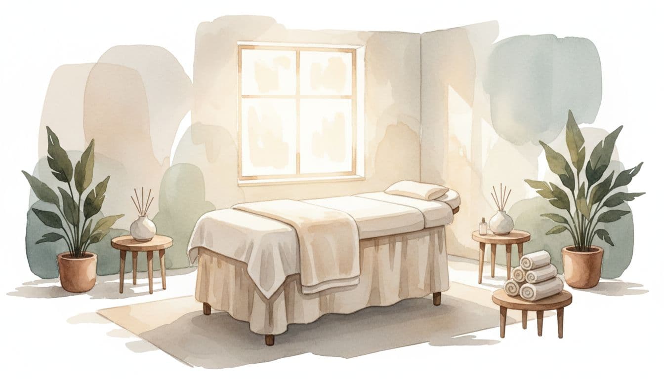 A tranquil spa room features a massage table in a minimalist setting with soft watercolor textures.