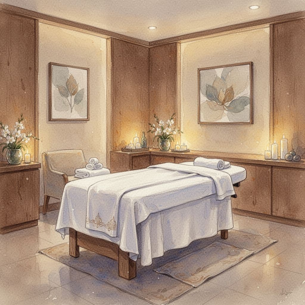 Watercolor spa room with soft lighting, warm wooden accents, and empty massage table.