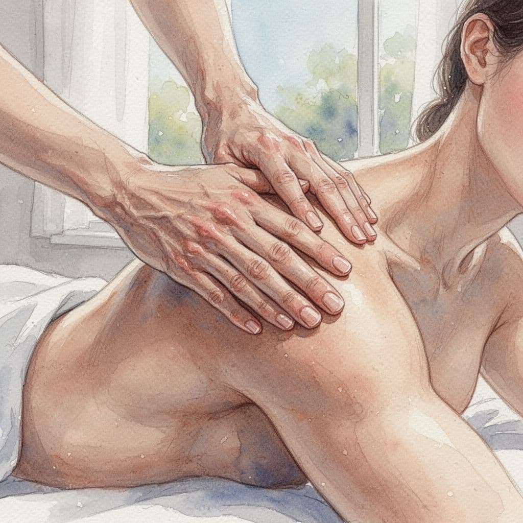 Close-up of massage hands working on a shoulder in watercolor style with brush textures.