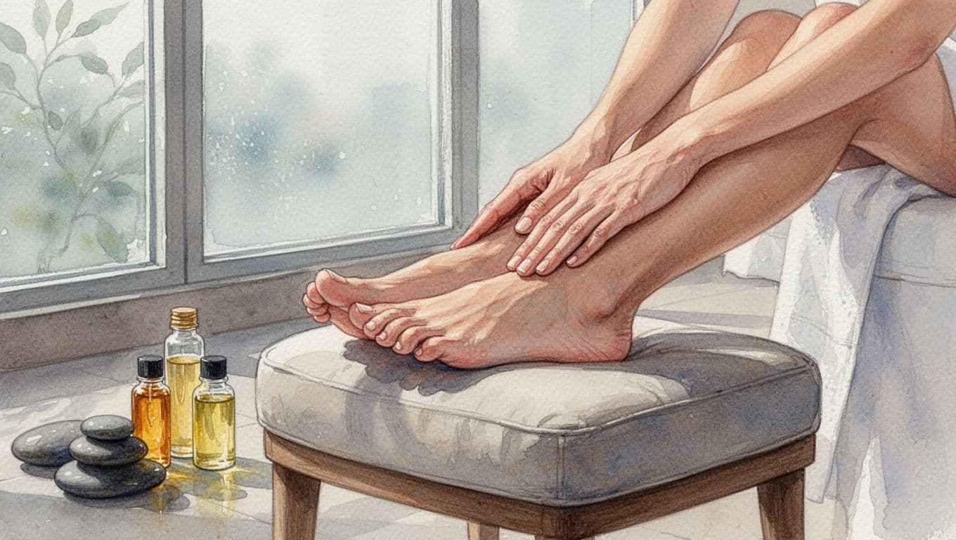 Watercolor close-up of feet on cushioned stool receiving massage from one hand, oils and stones nearby.