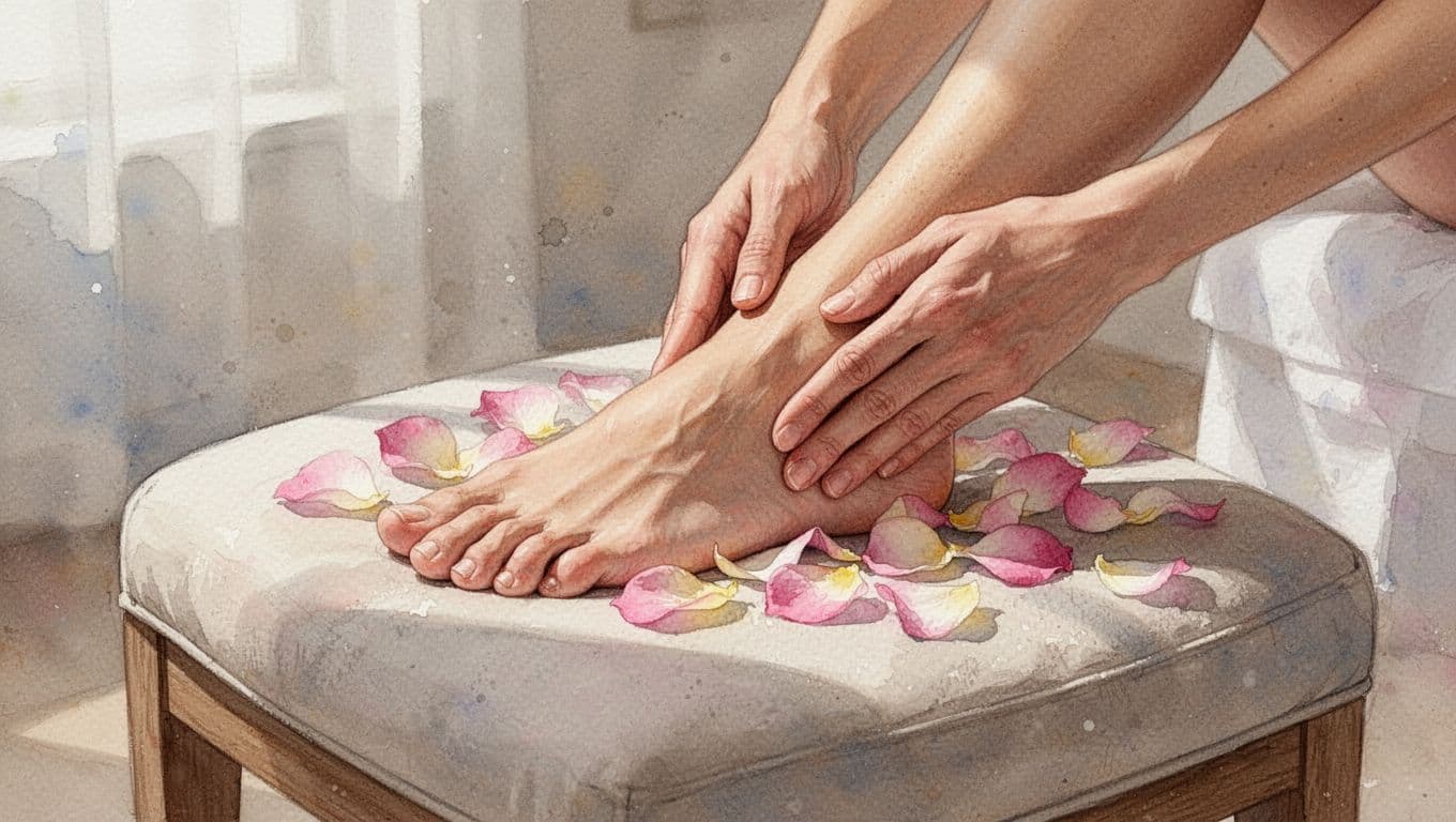 Two hands gently massage a bare foot on a cushioned stool amid scattered petals in a tranquil spa, watercolor style.