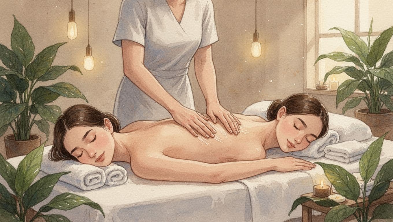 Therapist applies gliding strokes to client's back on table in spa room with plants and towels.