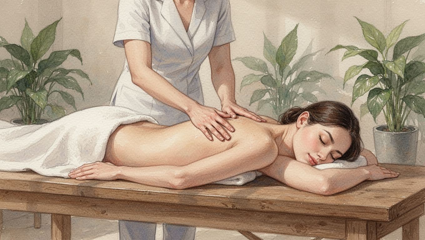 Masseuse applies Swedish massage to face-down client on table amid plants and warm light, watercolor style.