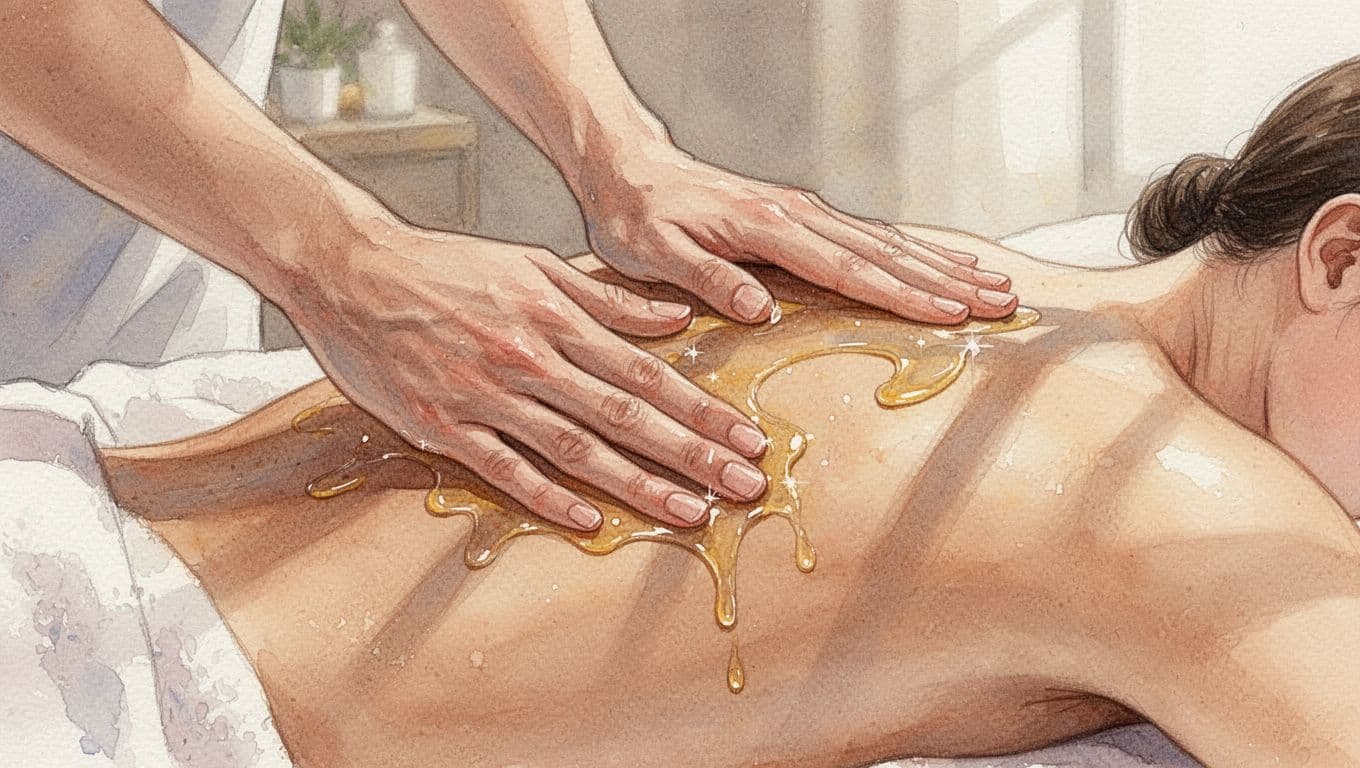 Two hands apply oil in Swedish massage to relaxed back, blurred spa background in watercolor style.
