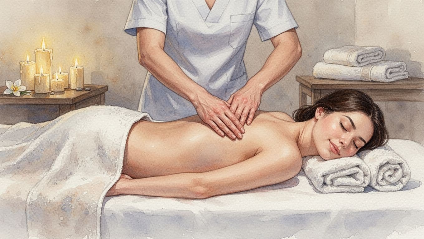 Therapist hands apply Swedish strokes to towel-covered client back on spa table amid towels and candles.